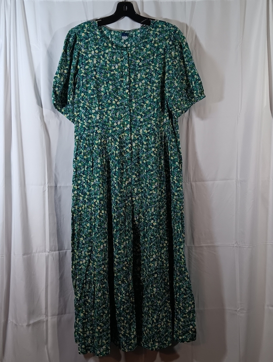 Old Navy Womens Medium Dress Green Floral Puff Sleeve Button Front Midi Tiered - Picture 2 of 14